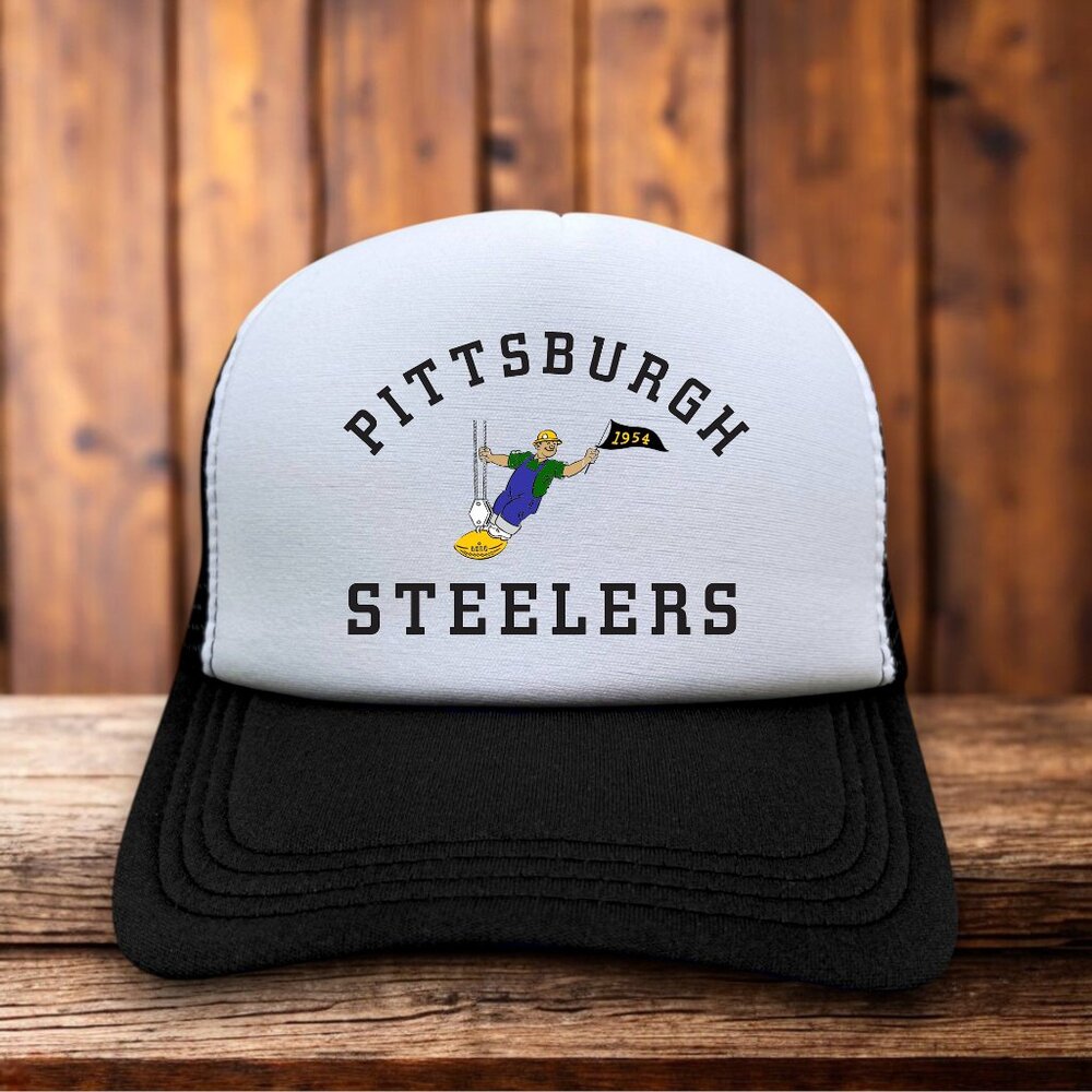 Pittsburg Steelers Mens Trucker Hat Black Snapback 1940's Vintage Logo Football - Picture 1 of 4